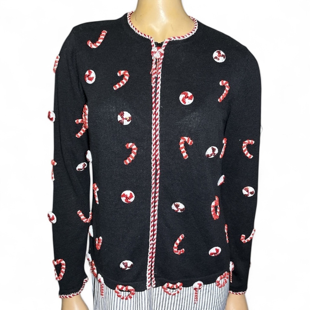 Vintage Berek women’s Black Cardigan with Candy Cane Design size S